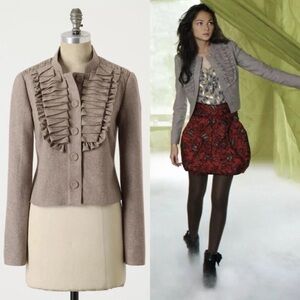 VTG Anthropologie Tabitha Y2K Wool Beige Ruffle Band Napoleon Jacket Blazer 12